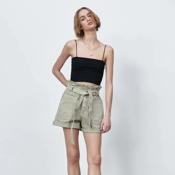 Zara Pants - Zara High Waisted Paperbag Khaki Denim Shorts